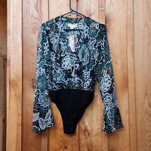 Band of the Free Floral V-Neck Bell Sleeve Ruffle Bodysuit, Medium Green & Black